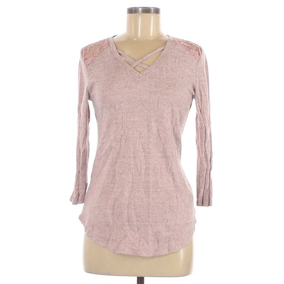 Bobbie Brooks Soft Pink  V-Neck Lace Back Lightweight 3/4 Sleeve Sweater szM EUC - Picture 1 of 2